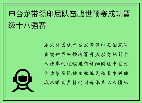 申台龙带领印尼队奋战世预赛成功晋级十八强赛