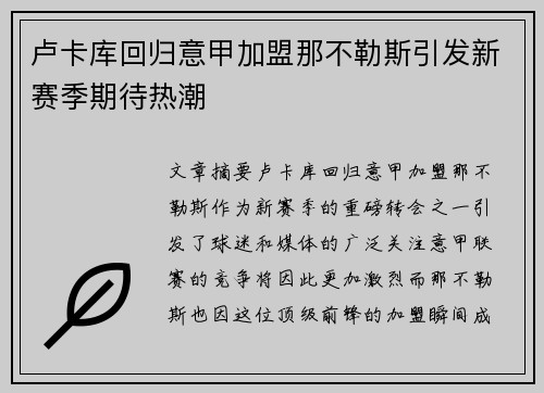 卢卡库回归意甲加盟那不勒斯引发新赛季期待热潮
